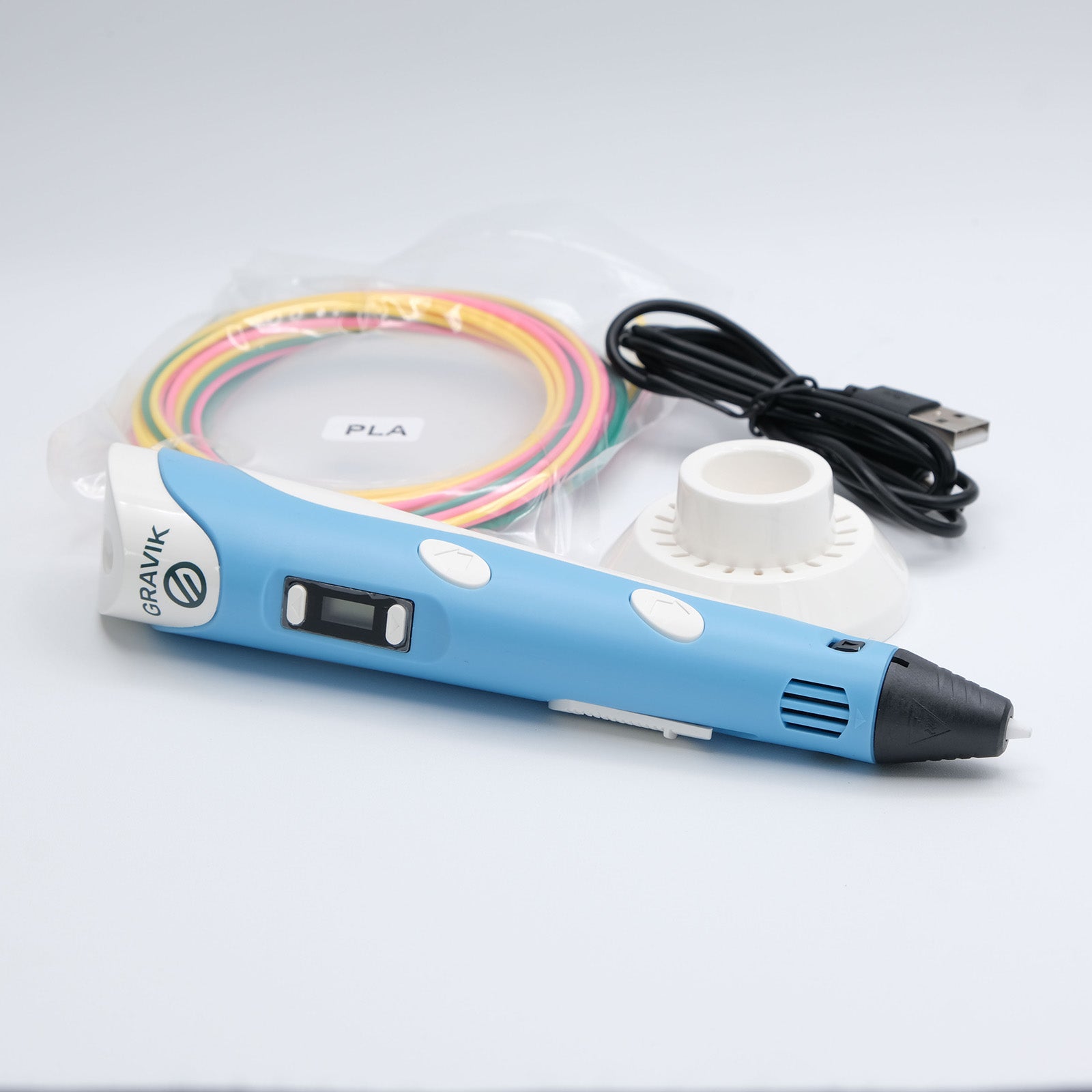 Blue Gravik 3D printing pen kit with USB cable, stand and PLA filament