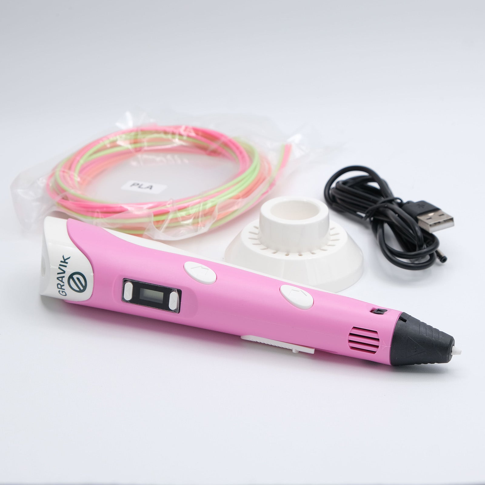Pink Gravik 3D printing pen kit with USB cable, stand and PLA filament