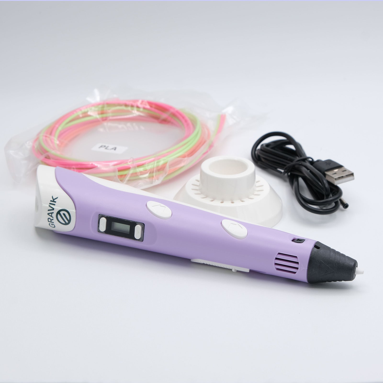 Purple Gravik 3D printing pen kit with USB cable, stand and PLA filament
