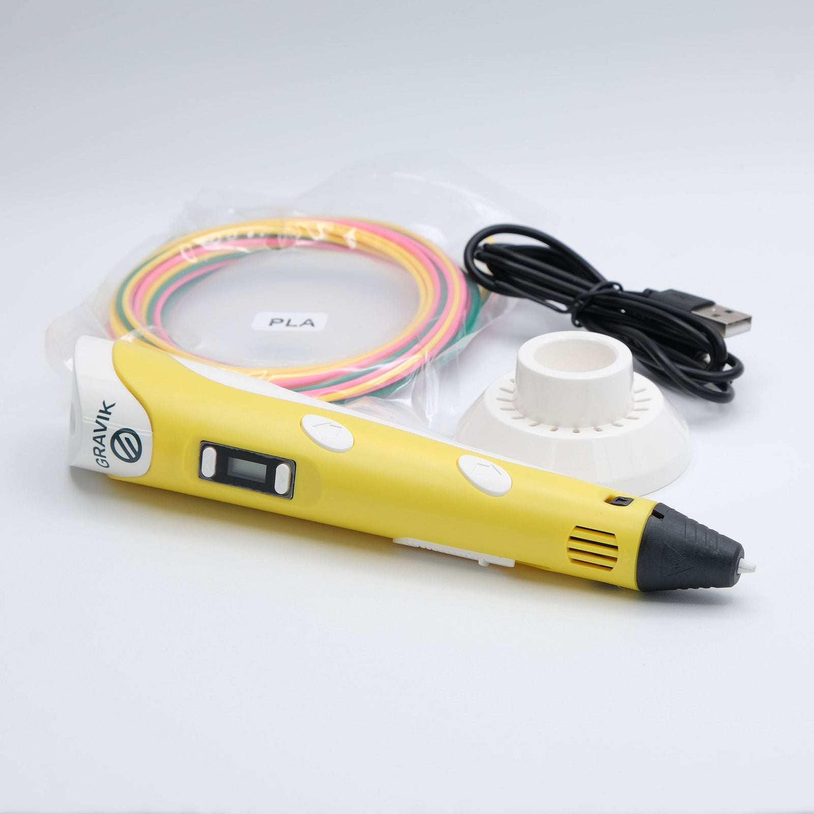 Yellow Gravik 3D printing pen kit with USB cable, stand and PLA filament